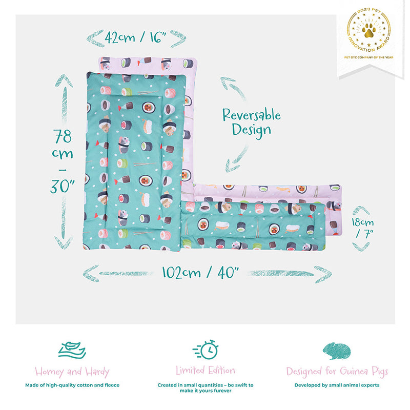 Kavee Loft Sushi design reversible fleece liner image showing text with product features and dimensions