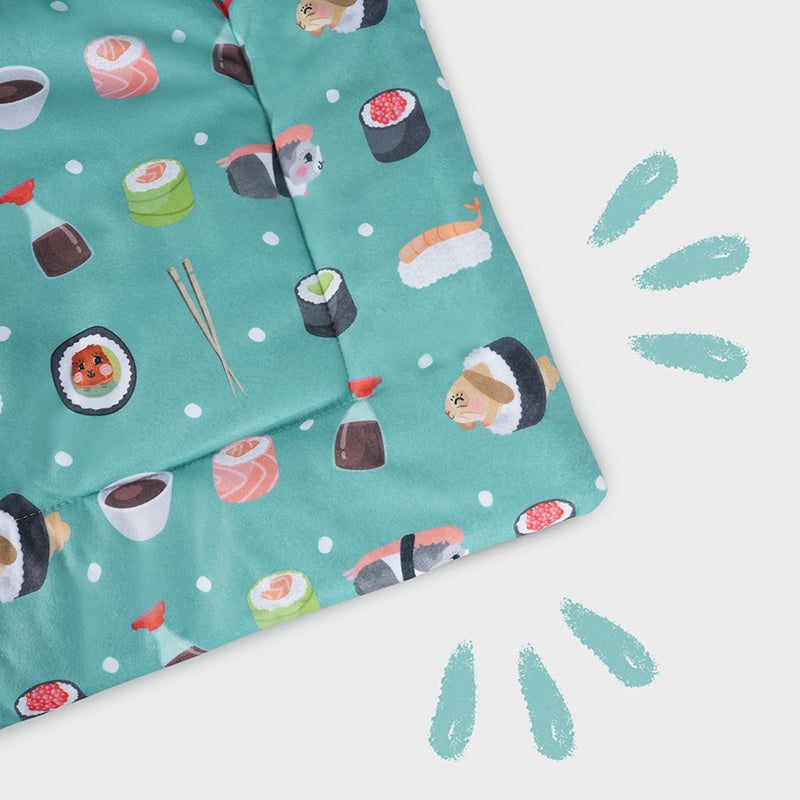 Kavee Sushi design reversible fleece liner - zoom in on corner of design - on grey background