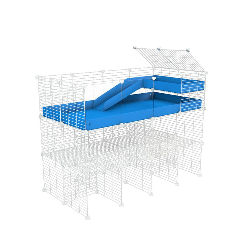 A 4x2 kavee blue CC guinea pig cage with clear transparent plexiglass acrylic panels  with three levels a loft a ramp made of small size hole safe white CC grids