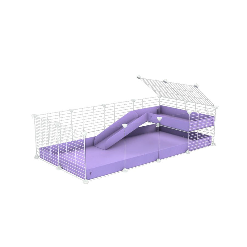 a 4x2 C&C guinea pig cage with clear transparent plexiglass acrylic panels  with a loft and a ramp purple lilac pastel coroplast sheet and baby bars by kavee