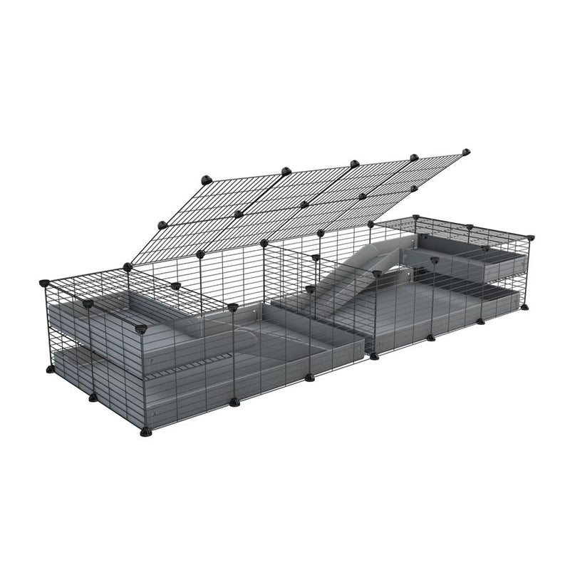 A 6x2 C&C cage with lid divider loft ramp for guinea pig fighting or quarantine with gray coroplast from brand kavee