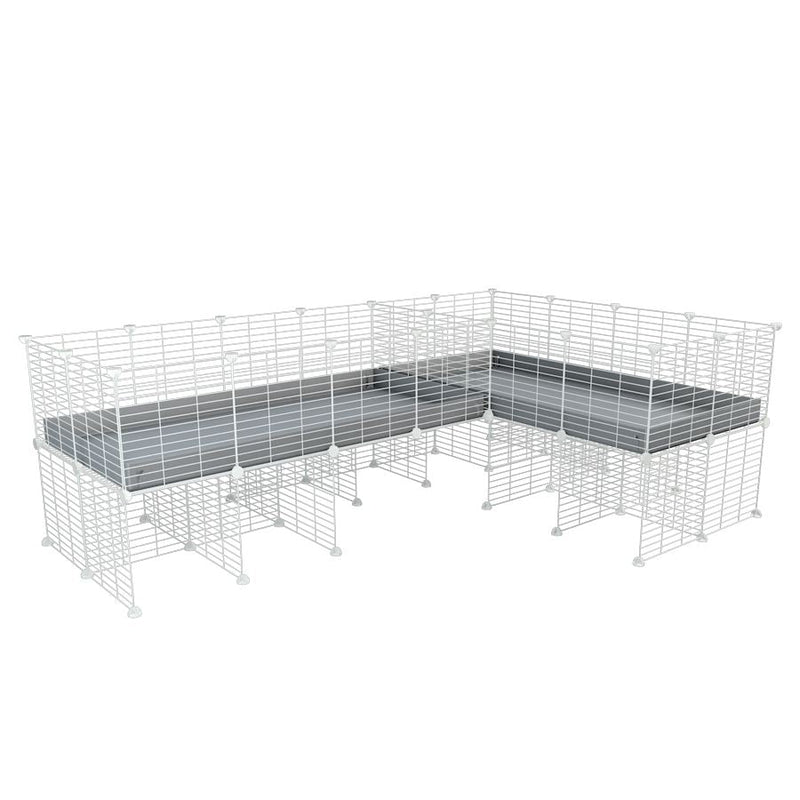 A 8x2 L-shape white C&C cage with divider and stand for guinea pig fighting or quarantine with gray coroplast from brand kavee