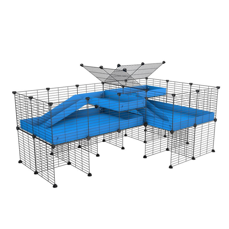 A 6x2 L-shape C&C cage with divider and stand loft ramp for guinea pig fighting or quarantine with blue coroplast from brand kavee