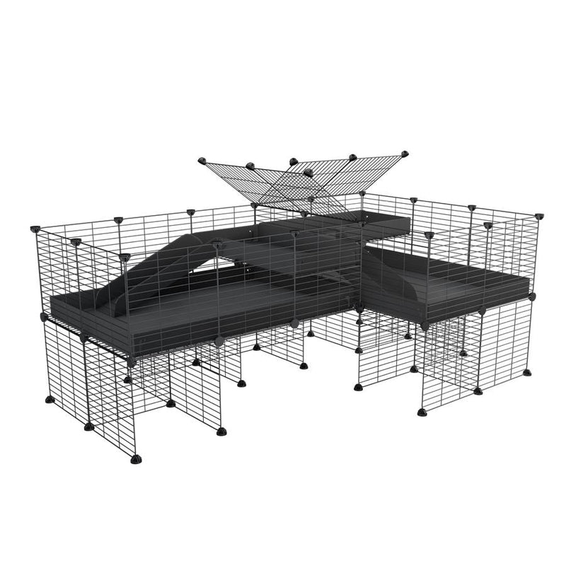 A 6x2 L-shape C&C cage with divider and stand loft ramp for guinea pig fighting or quarantine with black coroplast from brand kavee