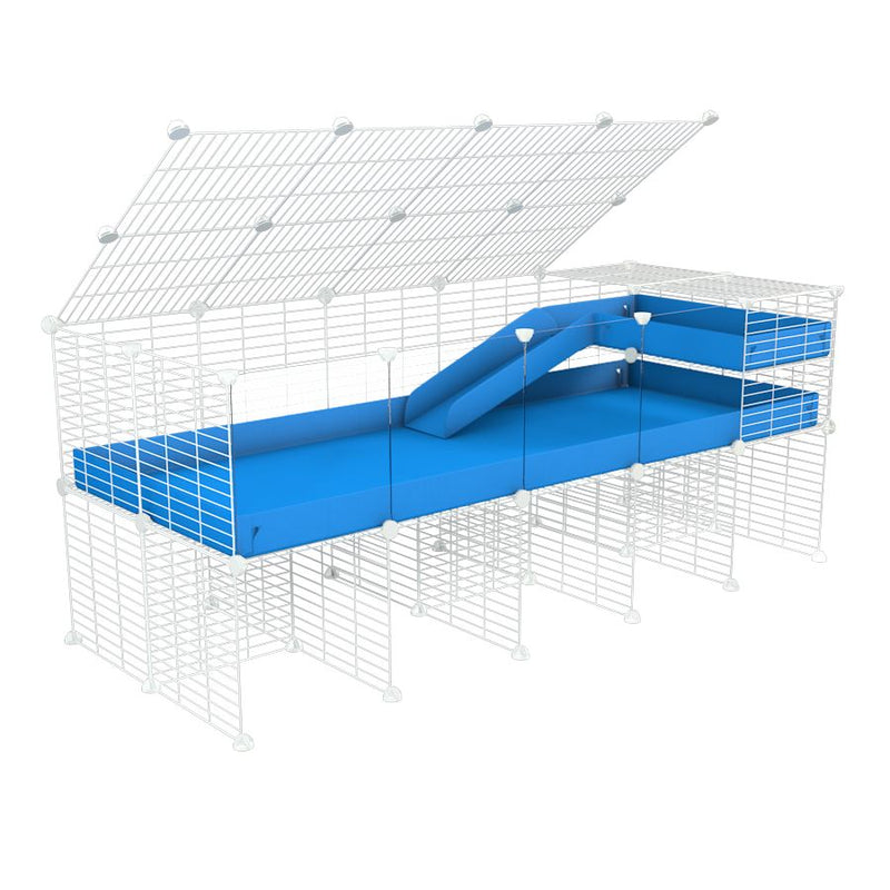 A 2x5 C and C guinea pig cage with clear transparent plexiglass acrylic panels  with stand loft ramp lid small size meshing safe white C and C grids blue correx sold in USA