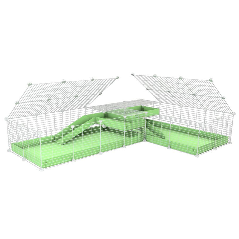 A 8x2 L-shape white C&C cage with lid divider loft ramp for guinea pig fighting or quarantine with green coroplast from brand kavee