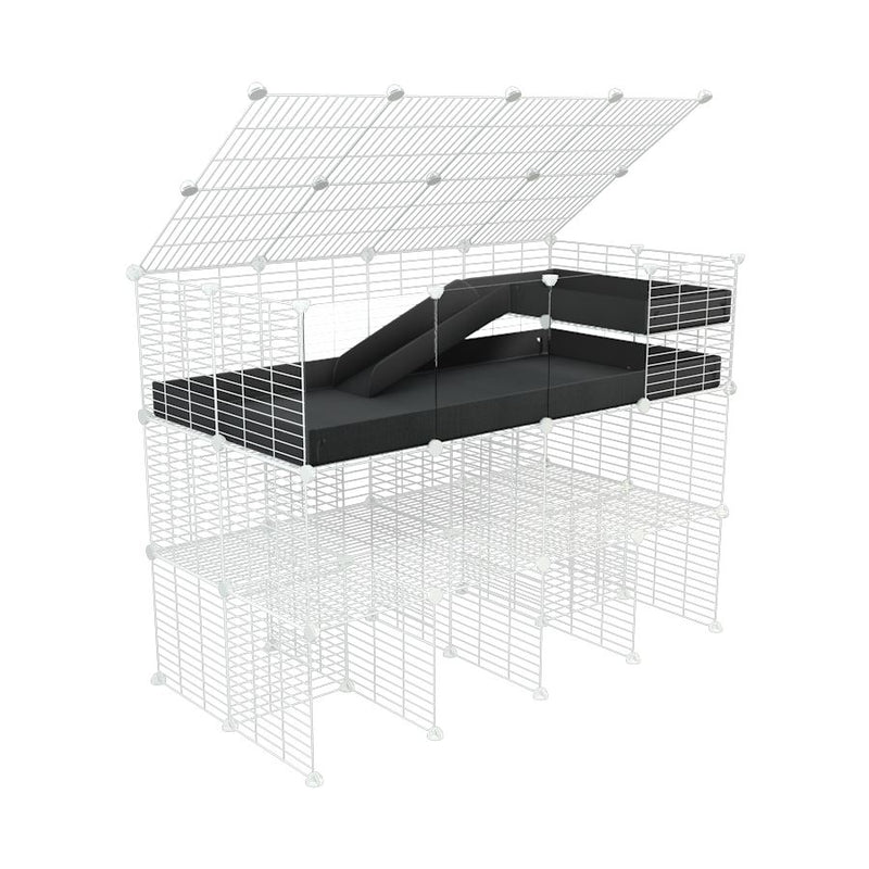 A 4x2 kavee black C&C guinea pig cage with clear transparent plexiglass acrylic panels  with a lid three levels a loft a ramp made of small size hole safe white grids