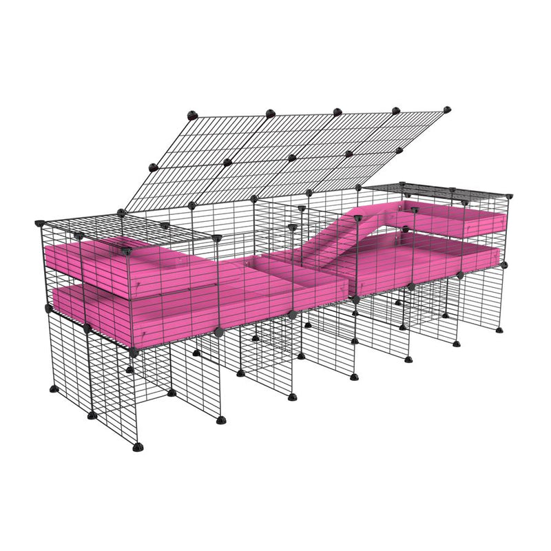 A 6x2 C&C cage with lid divider stand loft ramp for guinea pig fighting or quarantine with pink coroplast from brand kavee