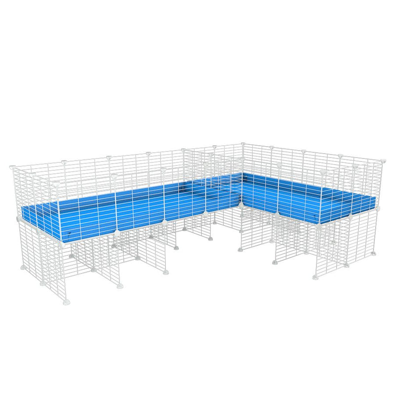 A 8x2 L-shape white C&C cage with divider and stand for guinea pig fighting or quarantine with blue coroplast from brand kavee