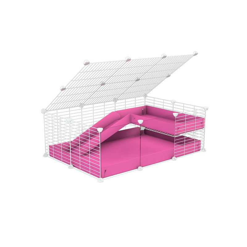 a 2x3 C and C guinea pig cage with clear transparent plexiglass acrylic panels  with loft ramp lid small hole size white grids pink coroplast kavee