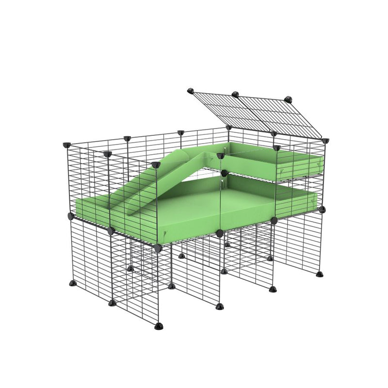 a 3x2 CC guinea pig cage with clear transparent plexiglass acrylic panels  with stand loft ramp small mesh grids green pastel pistachio corroplast by brand kavee
