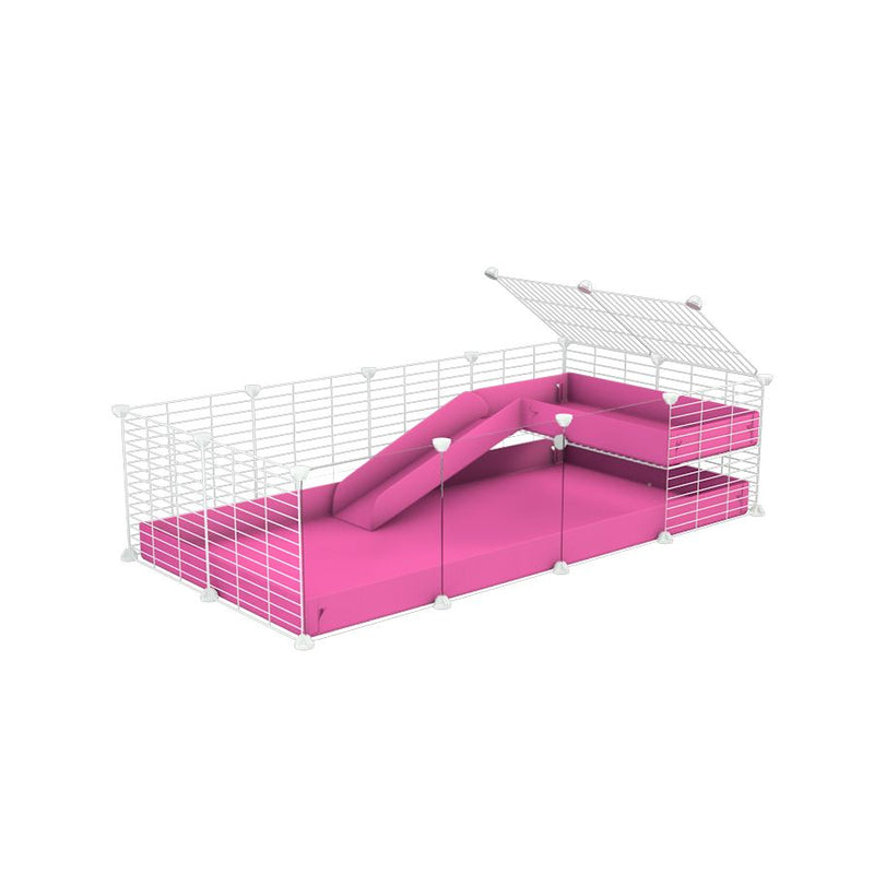 a 4x2 C&C guinea pig cage with clear transparent plexiglass acrylic panels  with a loft and a ramp pink coroplast sheet and baby bars by kavee
