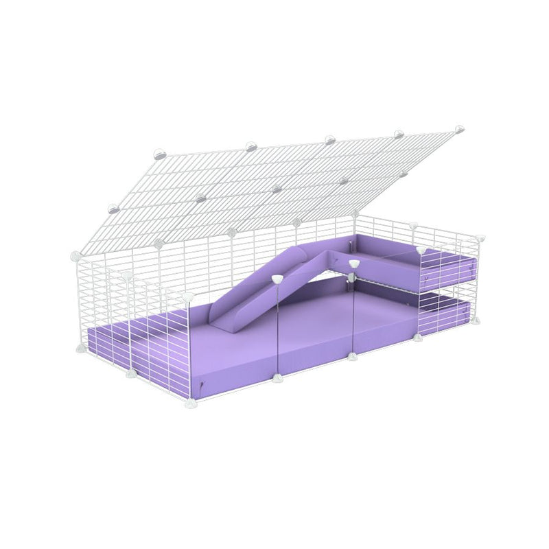 a 2x4 C and C guinea pig cage with clear transparent plexiglass acrylic panels  with loft ramp lid small hole size white C and C grids purple lilac pastel coroplast kavee