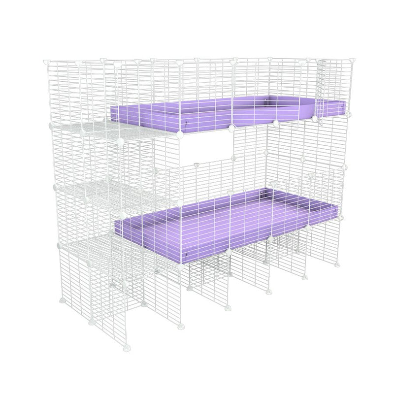 A two tier white 4x2 c&c cage with stand and side storage for guinea pigs with two levels purple lilac correx baby safe grids by brand kavee in the USA