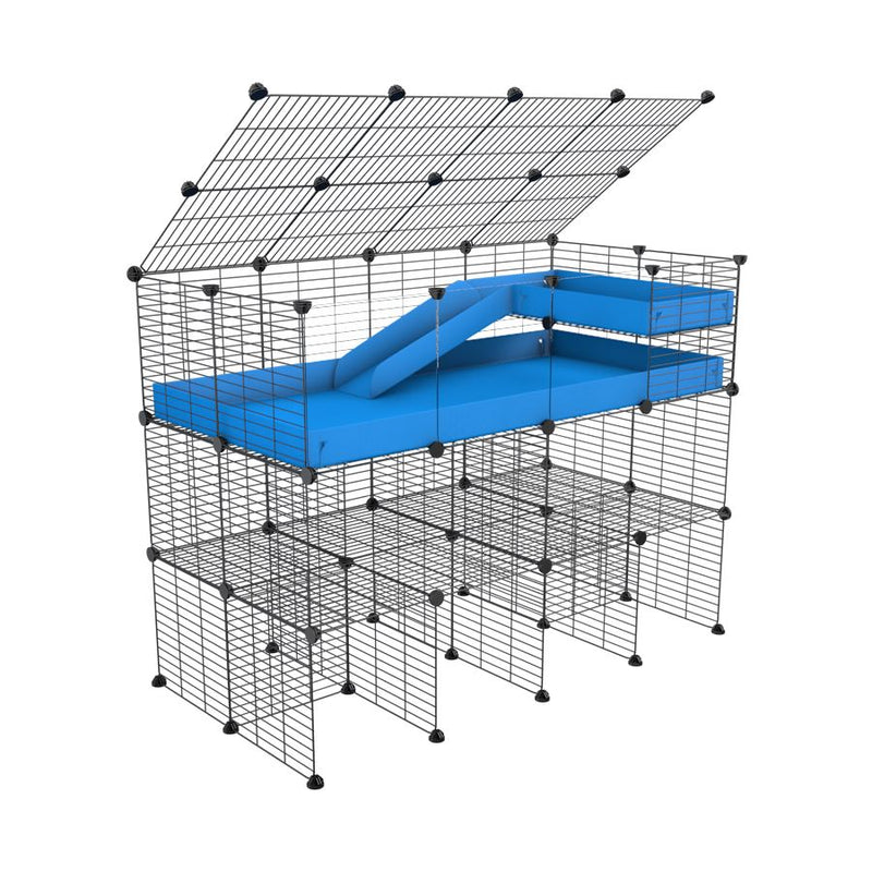 A 4x2 kavee blue CC guinea pig cage with clear transparent plexiglass acrylic panels  with three levels a loft a ramp a lid made of small size hole safe grids