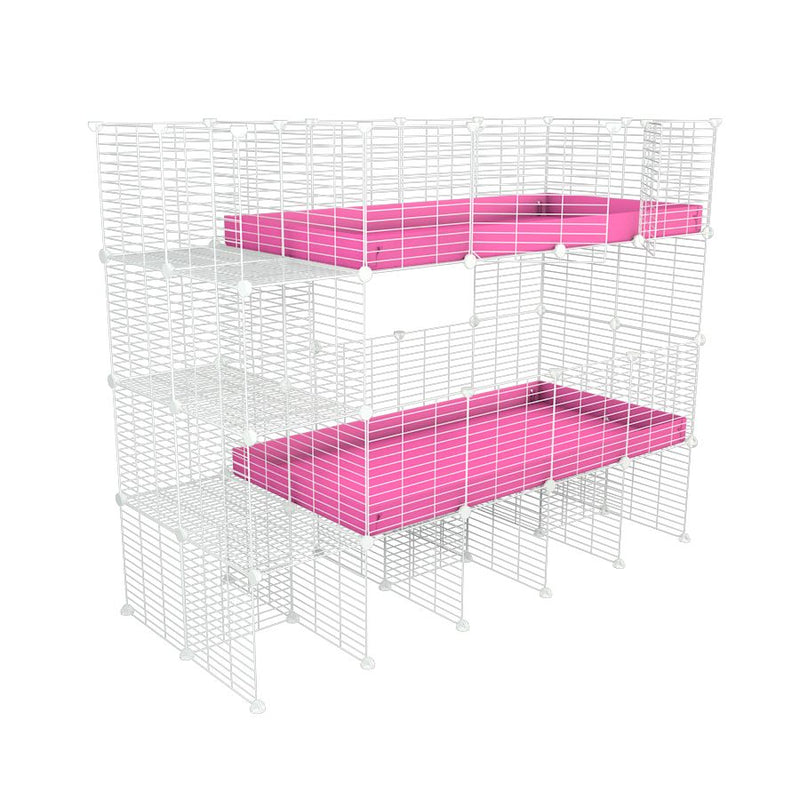 A stacked white 4x2 c&c cage for 2 pairs of guinea pigs with stand and side storage for guinea pigs with two levels pink correx baby safe grids by brand kavee in the USA