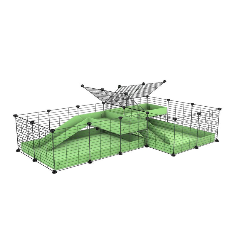 A 6x2 L-shape C&C cage with divider and loft ramp for guinea pig fighting or quarantine with green coroplast from brand kavee