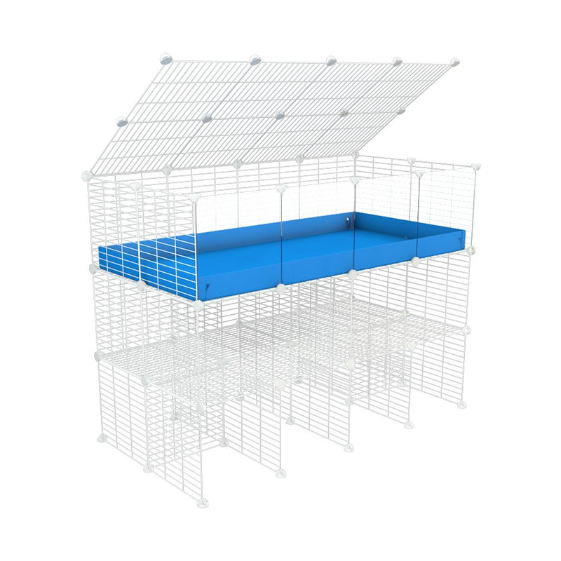a tall 4x2 C&C guinea pigs cage with clear transparent plexiglass acrylic panels  with a double stand blue coroplast a lid and safe small hole white CC grids sold in USA by kavee