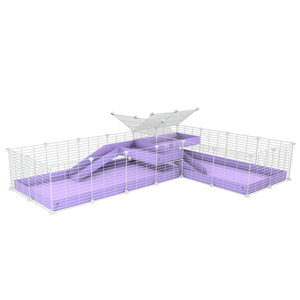 A 8x2 L-shape white C&C cage with divider and loft ramp for guinea pig fighting or quarantine with lilac coroplast from brand kavee