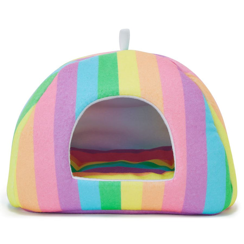 front view of a guinea pig hidey house made of rainbow fleece by kavee