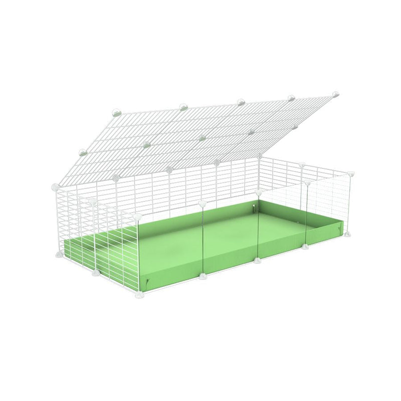 A 2x4 C and C cage with clear transparent plexiglass acrylic grids  for guinea pigs with green pastel pistachio coroplast a lid and small hole white C&C grids from brand kavee