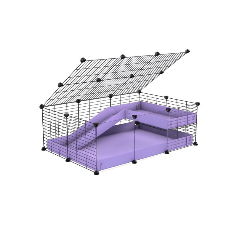 a 2x3 C and C guinea pig cage with clear transparent plexiglass acrylic panels  with loft ramp lid small hole size grids purple lilac pastel coroplast kavee