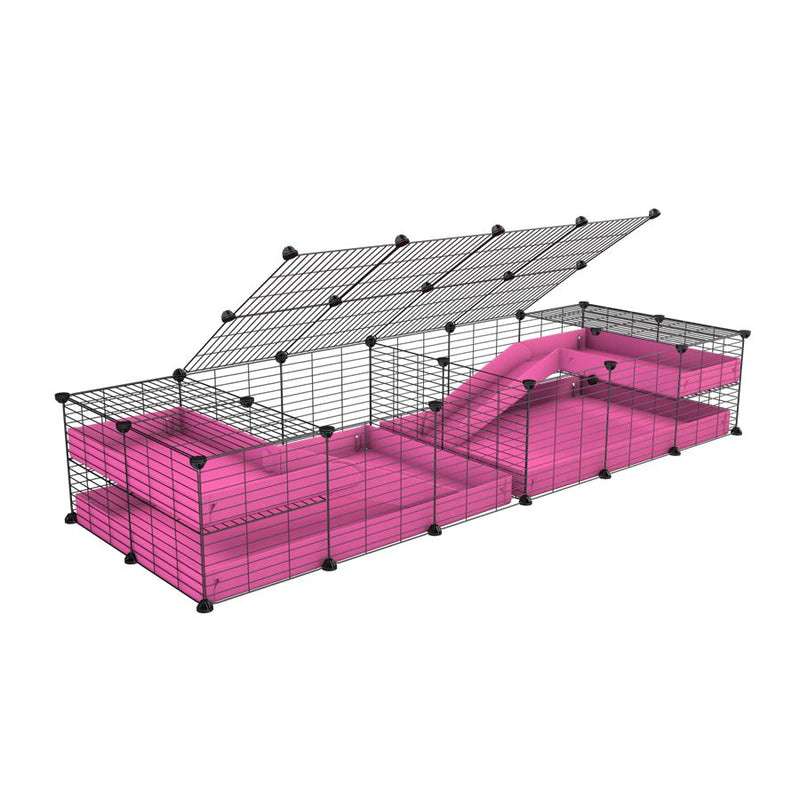 A 6x2 C&C cage with lid divider loft ramp for guinea pig fighting or quarantine with pink coroplast from brand kavee