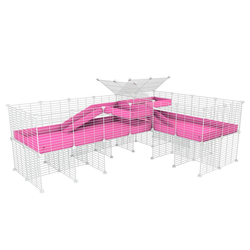 A 8x2 L-shape white C&C cage with divider and stand loft ramp for guinea pig fighting or quarantine with pink correx from brand kavee