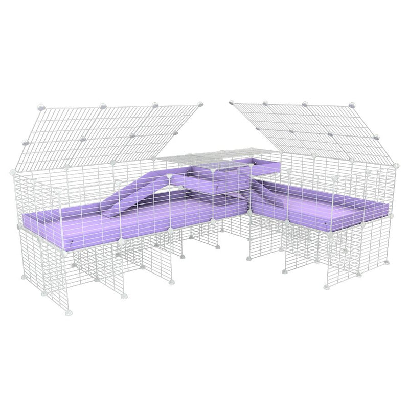 A 8x2 L-shape white C&C cage with lid divider stand loft ramp for guinea pig fighting or quarantine with lilac coroplast from brand kavee