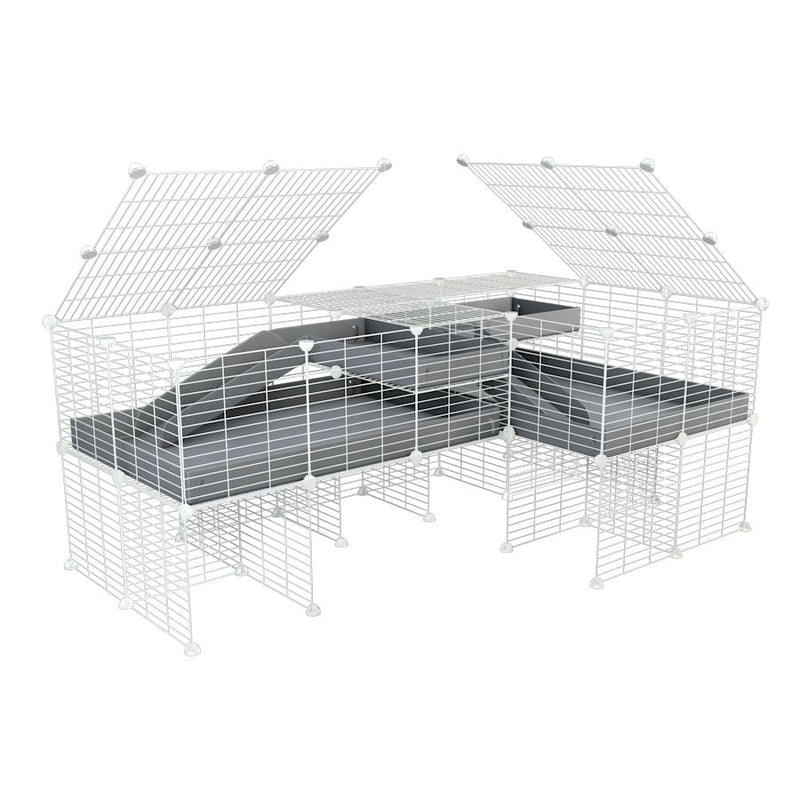 A 6x2 L-shape white C&C cage with lid divider stand loft ramp for guinea pig fighting or quarantine with gray coroplast from brand kavee