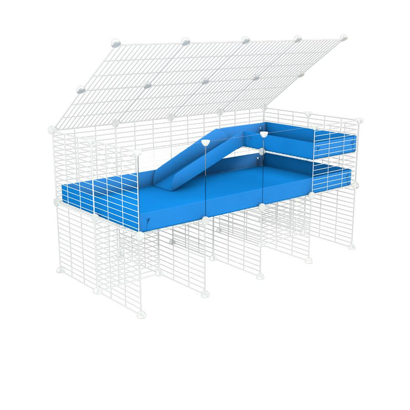 A 2x4 C and C guinea pig cage with clear transparent plexiglass acrylic panels  with stand loft ramp lid small size meshing safe white C and C grids blue correx sold in USA