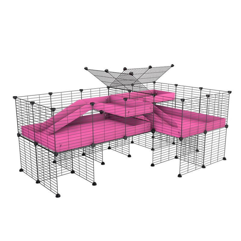 A 6x2 L-shape C&C cage with divider and stand loft ramp for guinea pig fighting or quarantine with pink coroplast from brand kavee