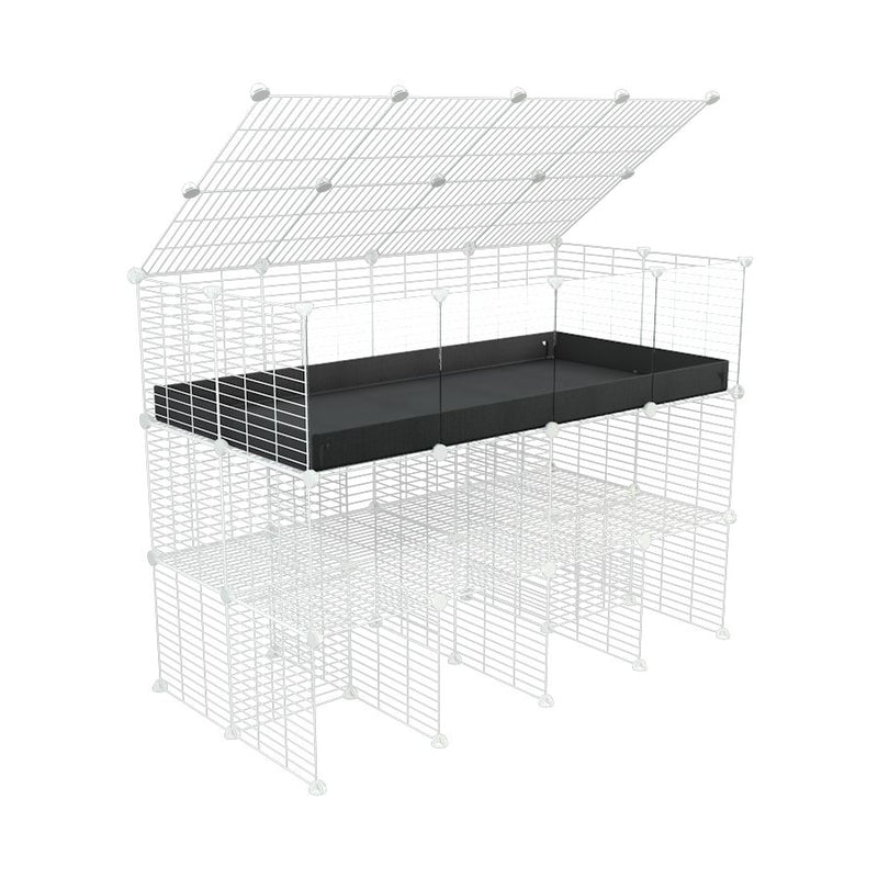 a tall 4x2 C&C guinea pigs cage with clear transparent plexiglass acrylic panels  with a double stand black coroplast a lid and safe small hole white CC grids sold in USA by kavee