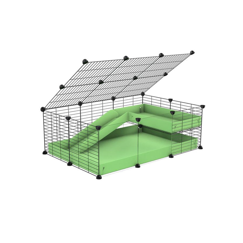 a 2x3 C and C guinea pig cage with clear transparent plexiglass acrylic panels  with loft ramp lid small hole size grids green pastel pistachio coroplast kavee