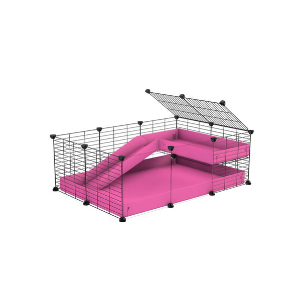 a 3x2 C&C guinea pig cage with clear transparent plexiglass acrylic panels  with a loft and a ramp pink coroplast sheet and baby bars by kavee