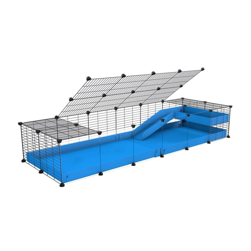 a 2x6 C and C guinea pig cage with clear transparent plexiglass acrylic panels  with loft ramp lid small hole size grids blue coroplast kavee