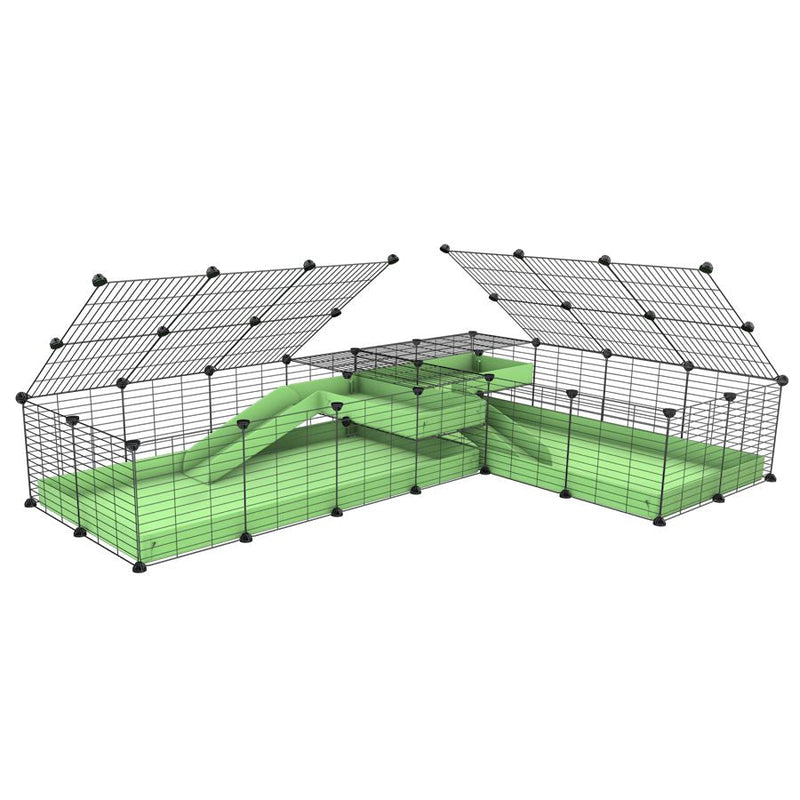 A 8x2 L-shape C&C cage with lid divider loft ramp for guinea pig fighting or quarantine with green coroplast from brand kavee