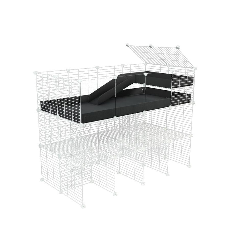 A 4x2 kavee black CC guinea pig cage with clear transparent plexiglass acrylic panels  with three levels a loft a ramp made of small size hole safe white CC grids