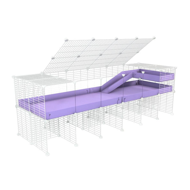 A 2x6 C and C guinea pig cage with clear transparent plexiglass acrylic panels  with stand loft ramp lid small size meshing safe white grids purple lilac pastel correx sold in USA