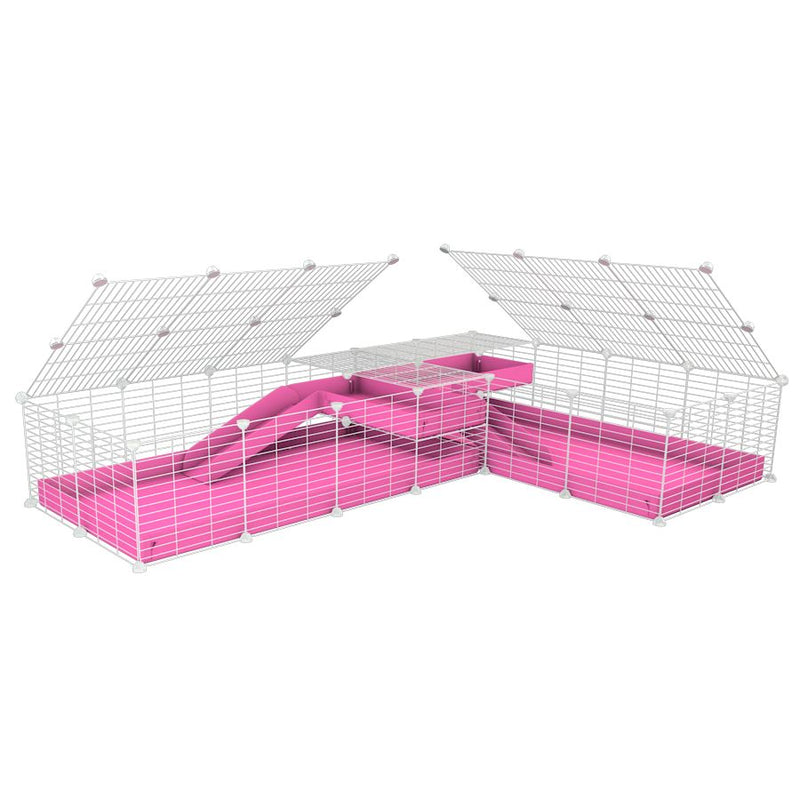 A 8x2 L-shape white C&C cage with lid divider loft ramp for guinea pig fighting or quarantine with pink coroplast from brand kavee