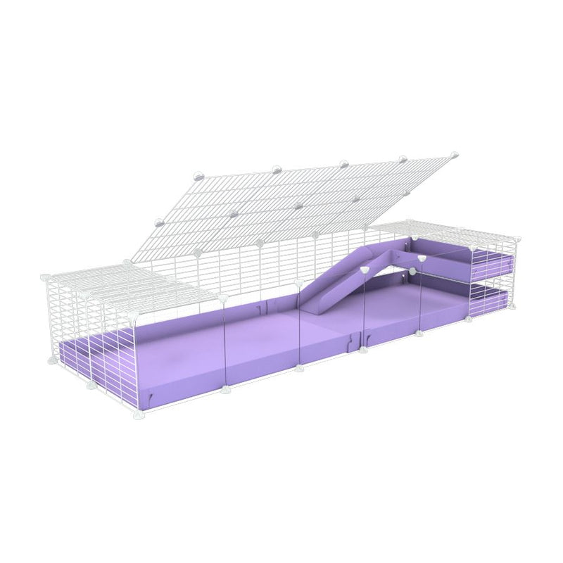 a 2x6 C and C guinea pig cage with clear transparent plexiglass acrylic panels  with loft ramp lid small hole size white grids purple lilac pastel coroplast kavee
