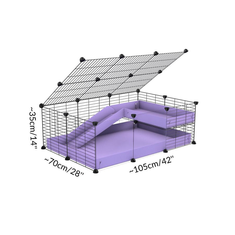 Size of a 3x2 C&C guinea pig cage with clear transparent plexiglass acrylic panels  with a loft and a ramp purple lilac pastel coroplast sheet and baby bars by kavee