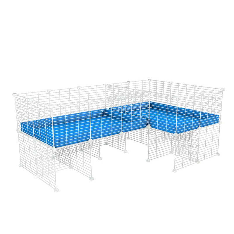 A 6x2 L-shape white C&C cage with divider and stand for guinea pig fighting or quarantine with blue coroplast from brand kavee