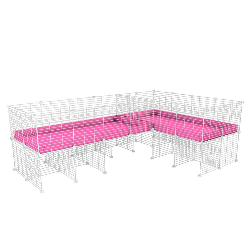 A 8x2 L-shape white C&C cage with divider and stand for guinea pig fighting or quarantine with pink coroplast from brand kavee