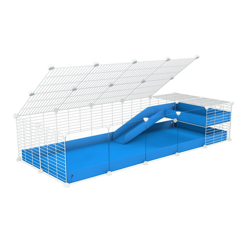 a 2x5 C and C guinea pig cage with clear transparent plexiglass acrylic panels  with loft ramp lid small hole size white CC grids blue coroplast kavee