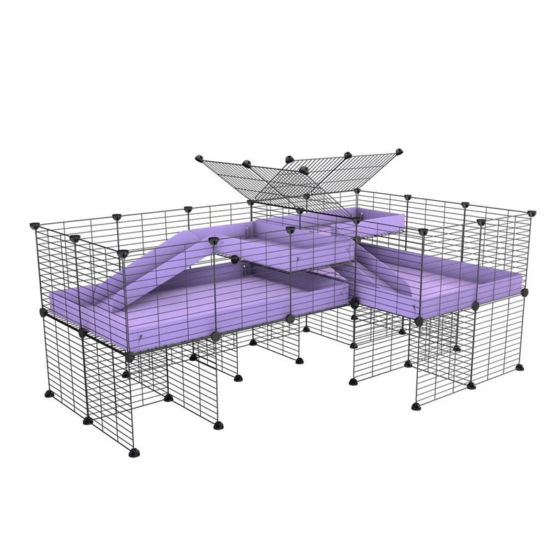 A 6x2 L-shape C&C cage with divider and stand loft ramp for guinea pig fighting or quarantine with lilac coroplast from brand kavee