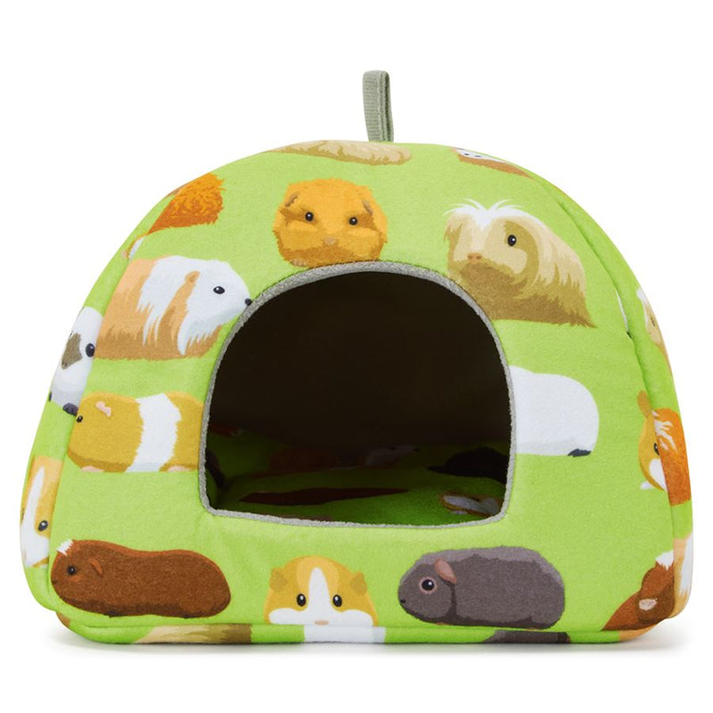 front view of a guinea pig hidey house made of green guinea pig fabric fleece by kavee