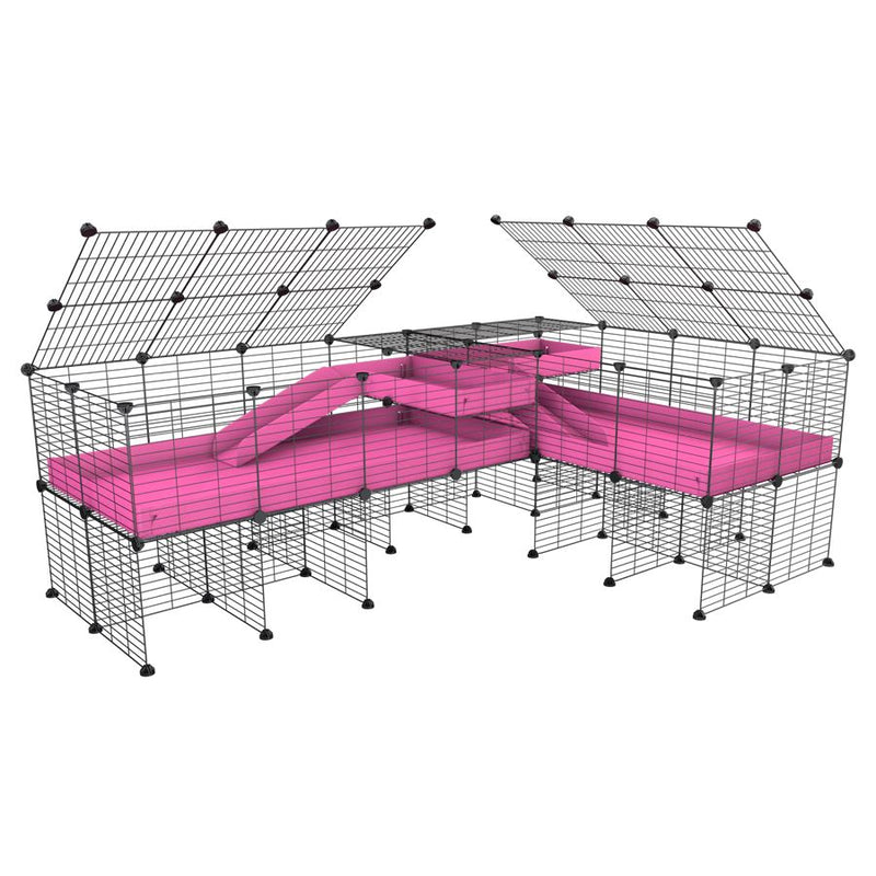 A 8x2 L-shape C&C cage with lid divider stand loft ramp for guinea pig fighting or quarantine with pink coroplast from brand kavee