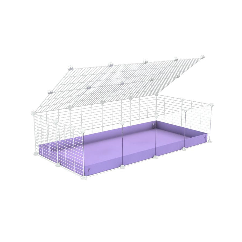 A 2x4 C and C cage with clear transparent plexiglass acrylic grids  for guinea pigs with purple lilac pastel coroplast a lid and small hole white grids from brand kavee