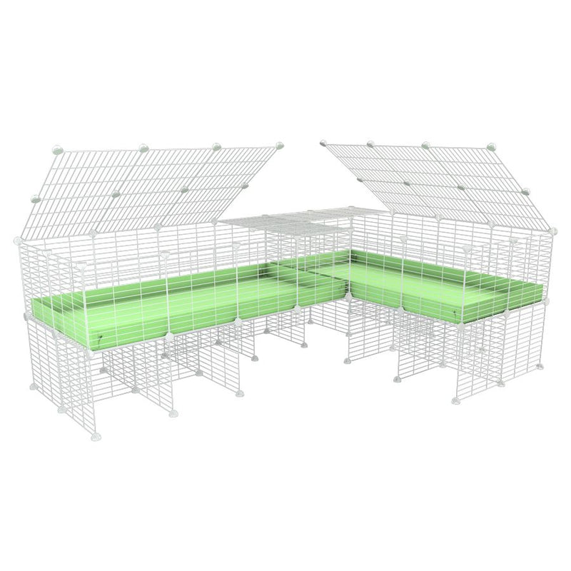 A 8x2 L-shape white C&C cage with lid divider stand for guinea pig fighting or quarantine with green coroplast from brand kavee